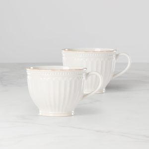 French Perle Groove White Latte Mugs, Set of 2