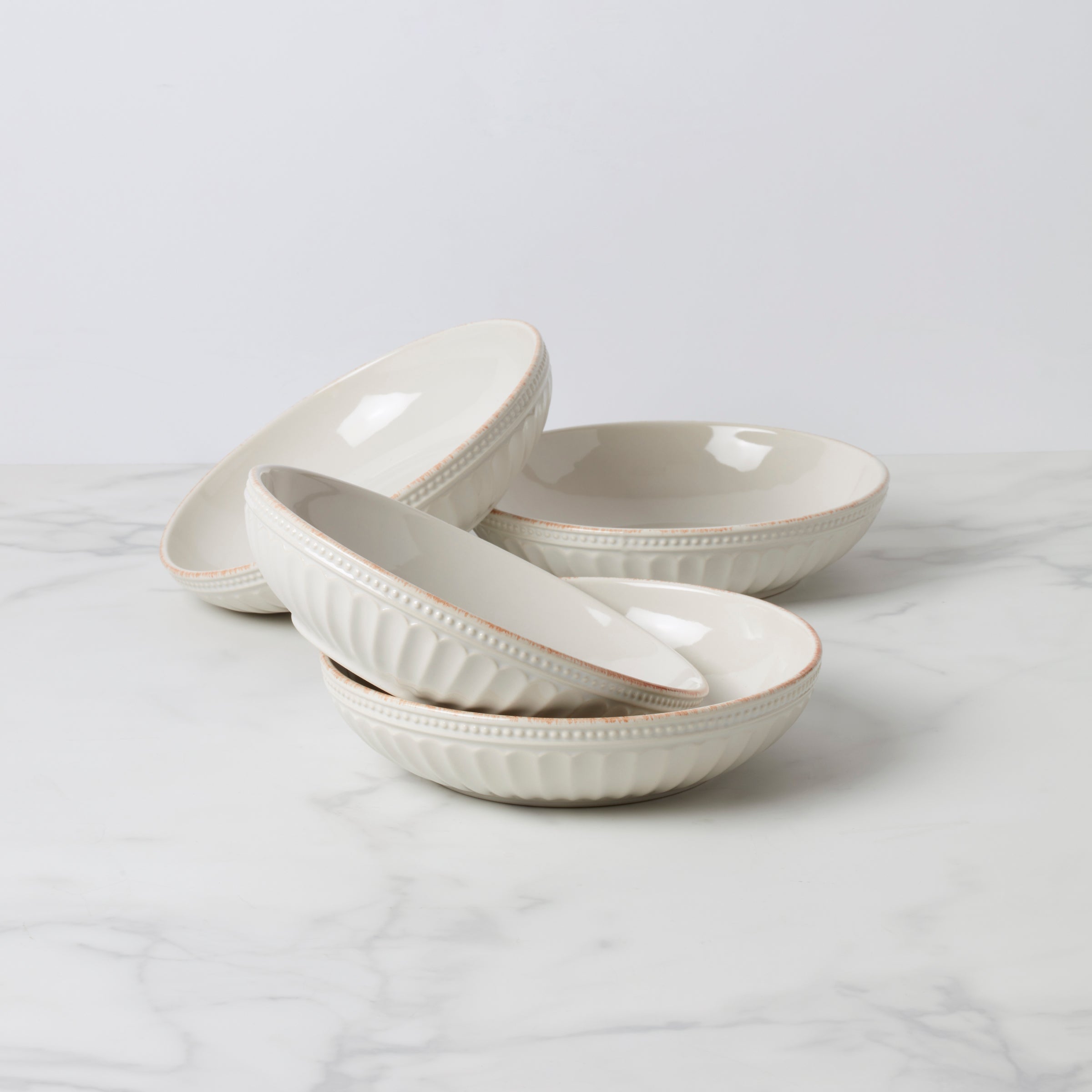 French Perle Groove White Pasta Bowls, Set of 4