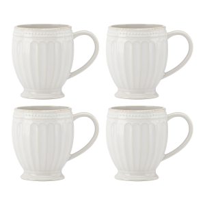 French Perle Groove White Mugs, Set of 4