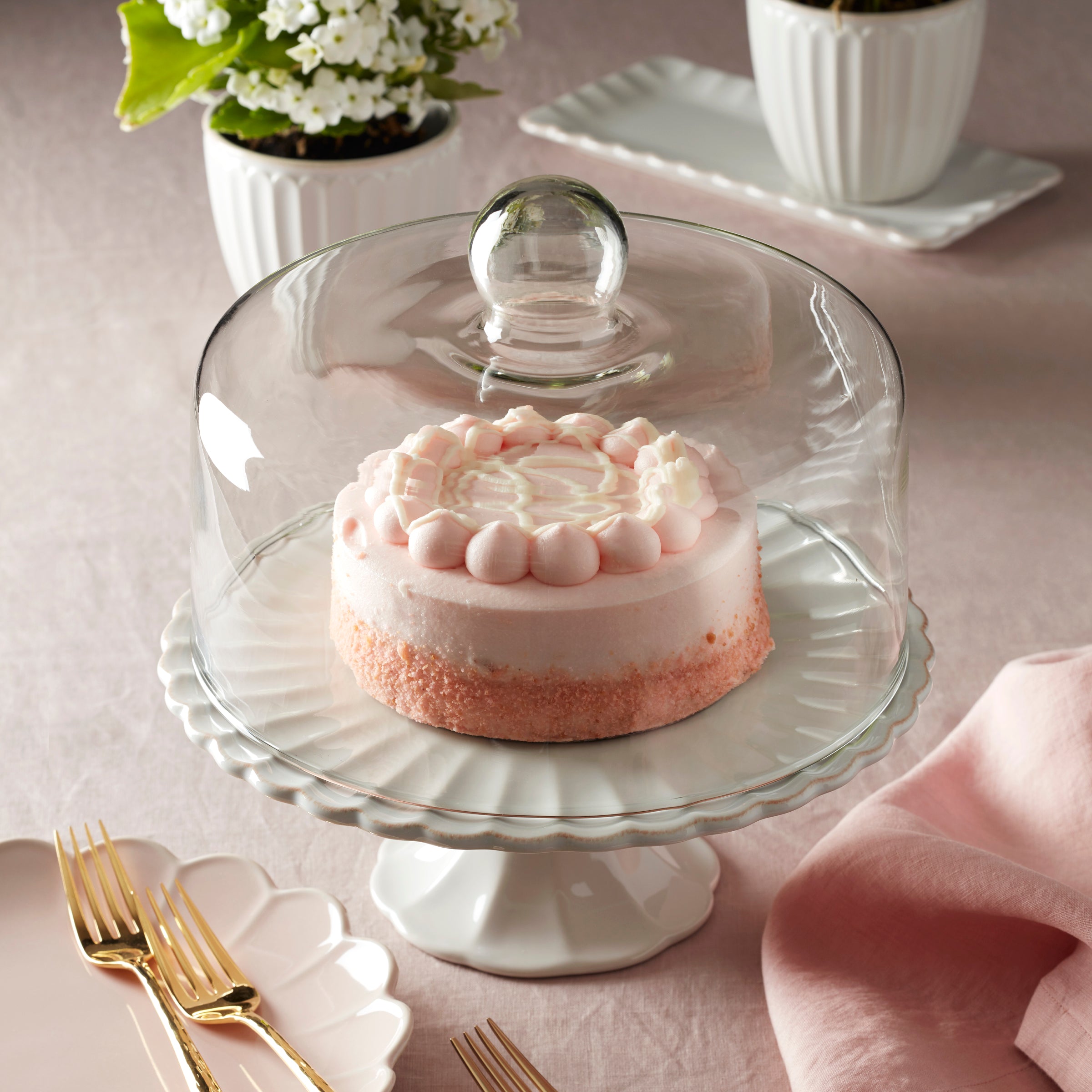 French Perle White Cake Plate with Dome - Image 3