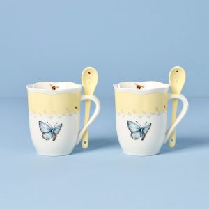 Butterfly Meadow Yellow Mugs with Spoons, Set of 2