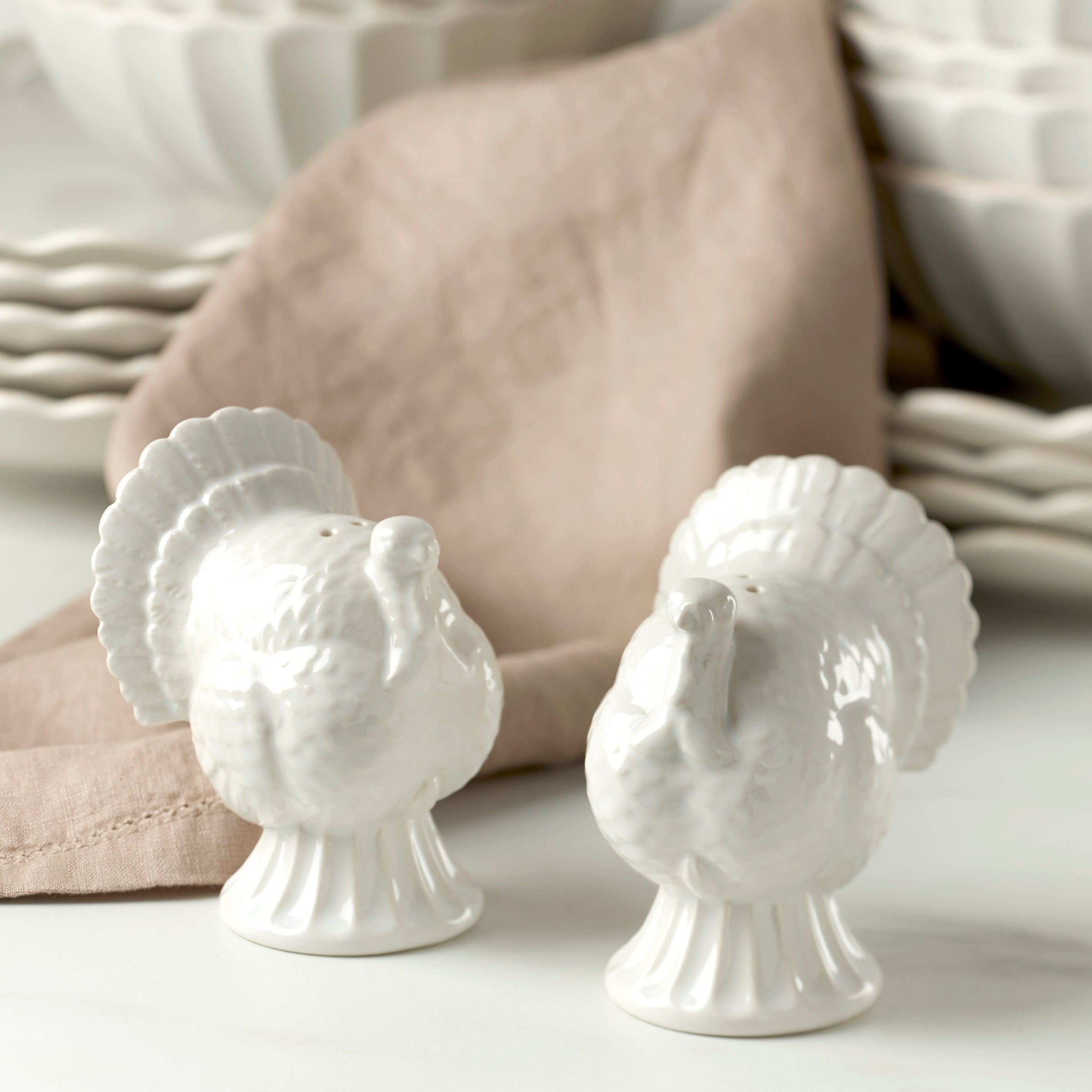 French Perle White Carved Turkey Salt & Pepper Set - Image 4