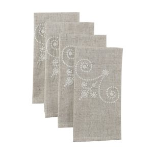 French Perle Linen Embroidered Dinner Napkins, Set of 4